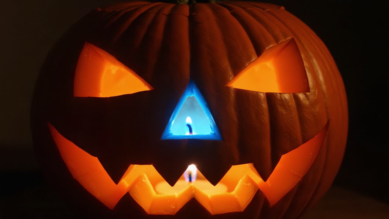 A Spooky and Vibrant Halloween Jack-O'-Lantern with Glowing Expressions and Intriguing Blue Light, Perfectly Set for Festive Celebrations and Autumnal Decor