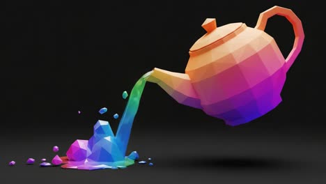 a vibrantly colored polyhedral teapot pouring multicolored liquid over geometric rock formations against a solid black background