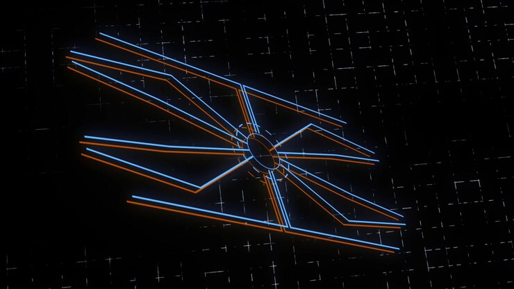 Zooming glowing neon digital lines and circles 3D animation with a cyber technological futuristic electric feel on dark grid gradient background motion graphics and visual effects in blue brown