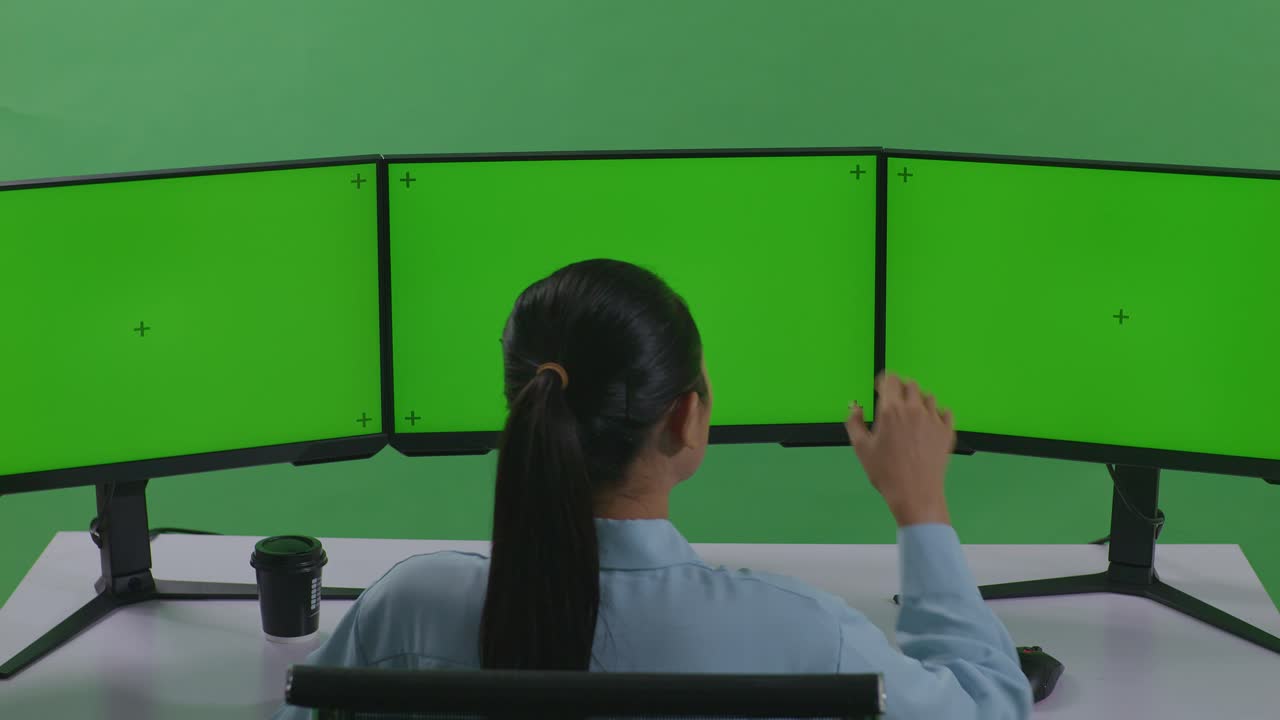 녹색 스크린 스튜디오에서 모형 여러 컴퓨터 모니터와 함께 작업하는 동안 피곤한 아시아 여성의 뒷면