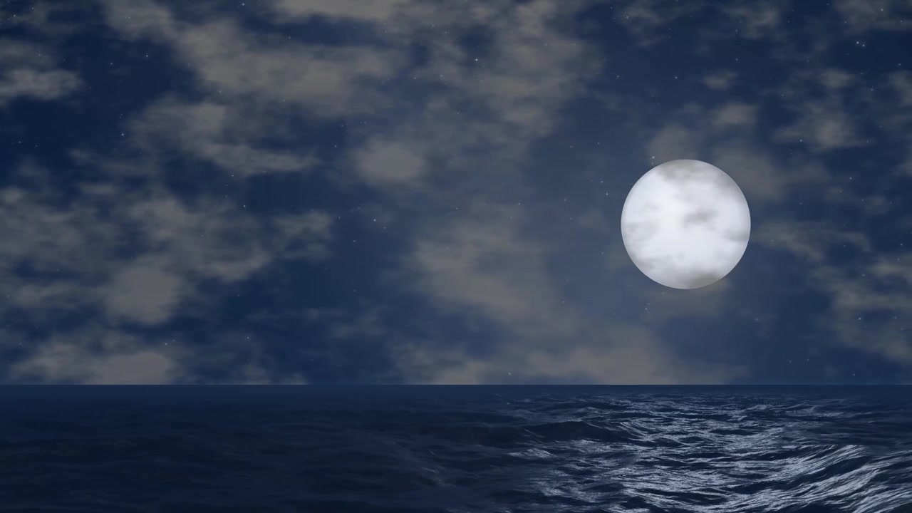 Lua Cheia Sobre Ondas Escuras do Oceano à Noite.