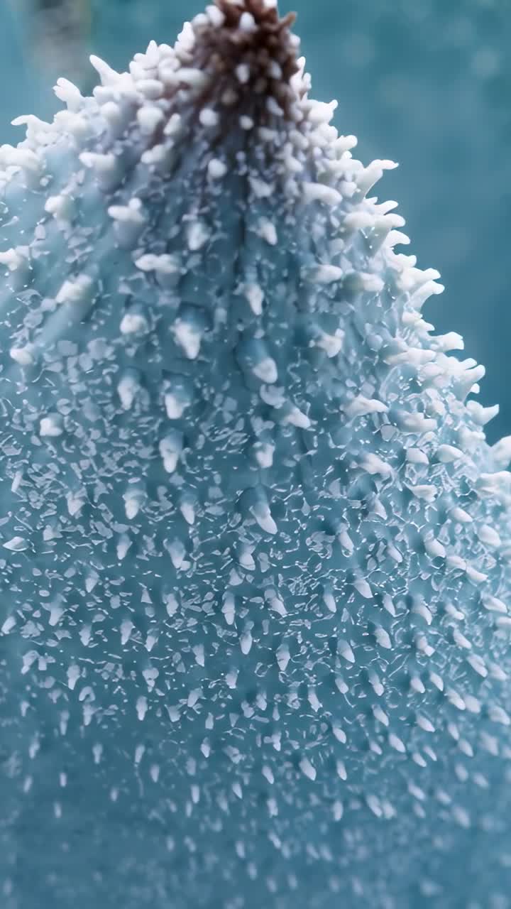 Video verticale: Spostamento della telecamera che rivela una pala di cactus verde acqua in macro studio, mostrando noduli bianchi