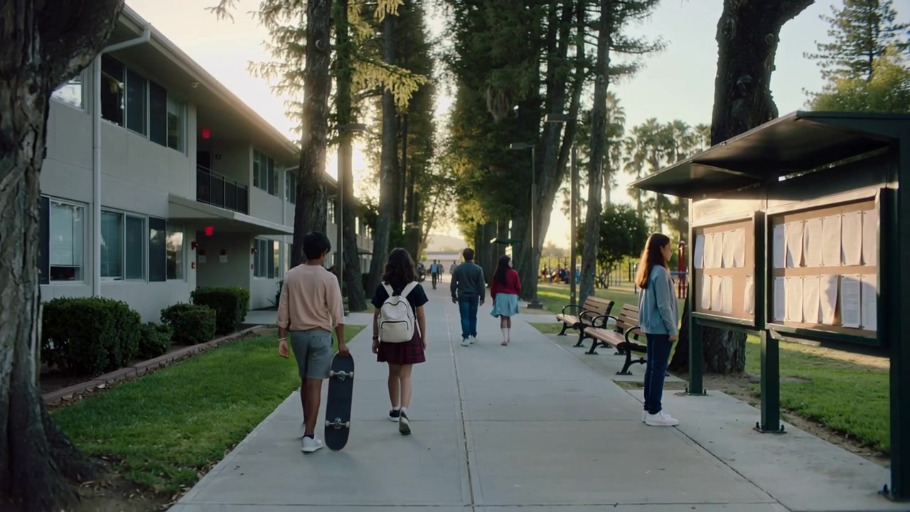 La telecamera segue due studenti che camminano verso un cortile soleggiato, portando uno skateboard e uno zaino bianco.