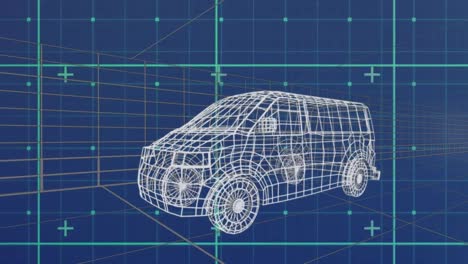 Animation-of-data-processing-and-shapes-over-digital-car-on-blue-background