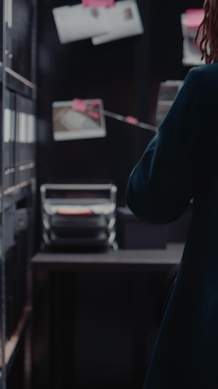 Vertical video: Professional officer reviewing surveillance photos on files