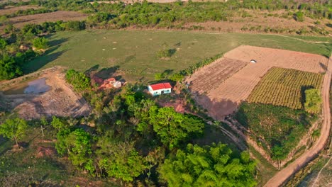 Vista-Aérea-De-Una-Pequeña-Casa-Rodeada-De-Campos-En-El-Campo-De-Brasil