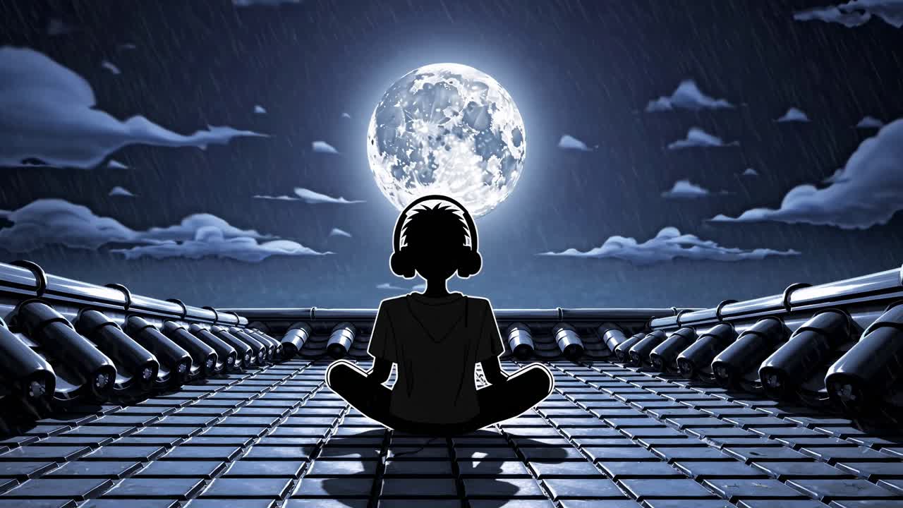 Anime-style video scene of a person sitting cross-legged on a rooftop, gazing at a full moon