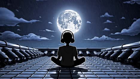anime-style video scene of a person sitting cross-legged on a rooftop, gazing at a full moon