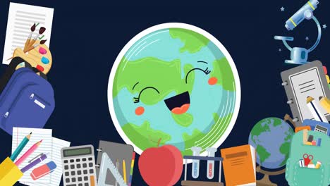 animation of school items icons and smiling globe on blue background