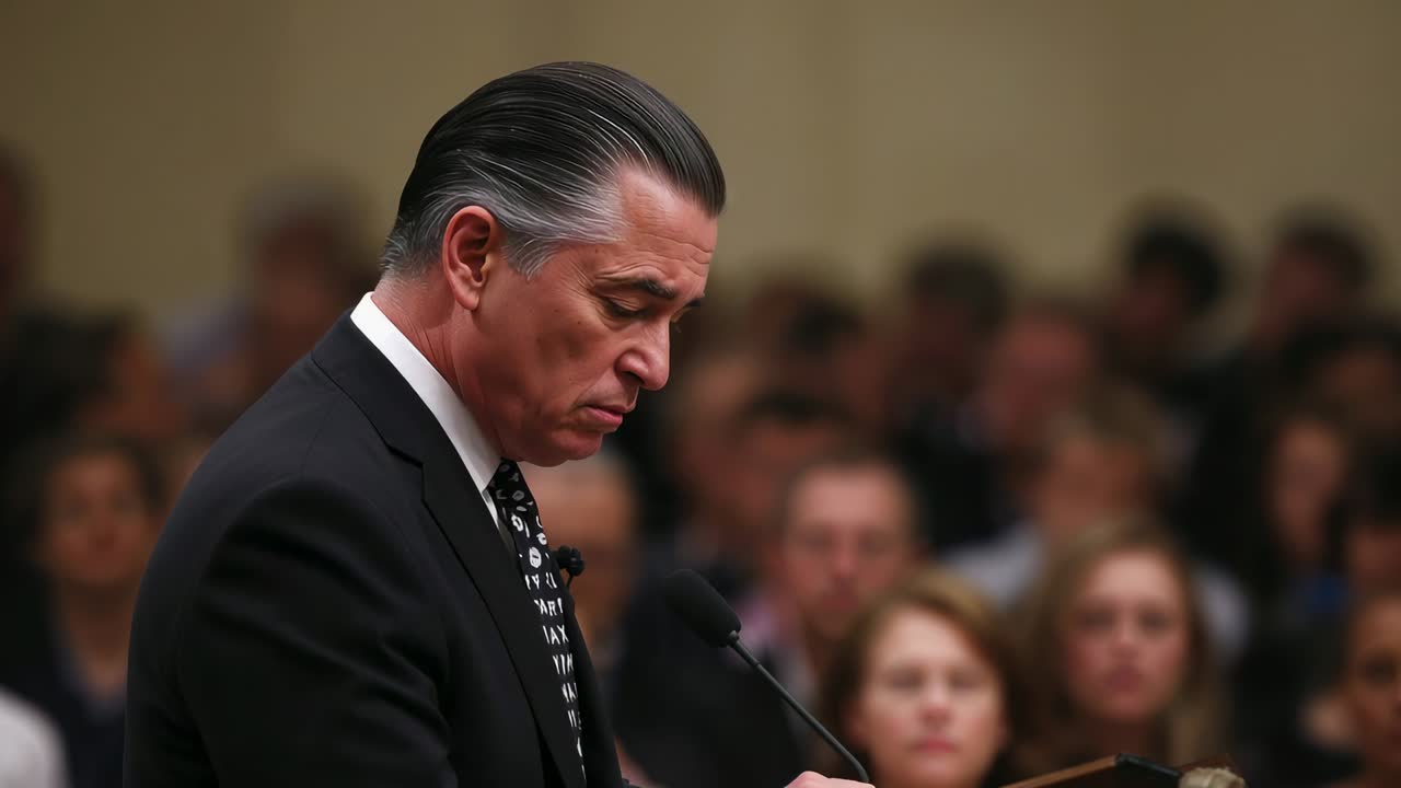 Leaning forward middle-aged man giving address reading notes at hall, suit, lapel mic using lectern