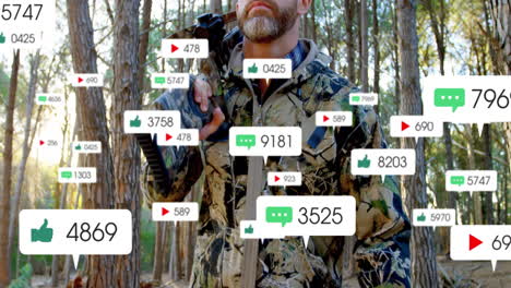 hunter carrying rifle camouflaged in pine forest featuring floating social media icons and counts