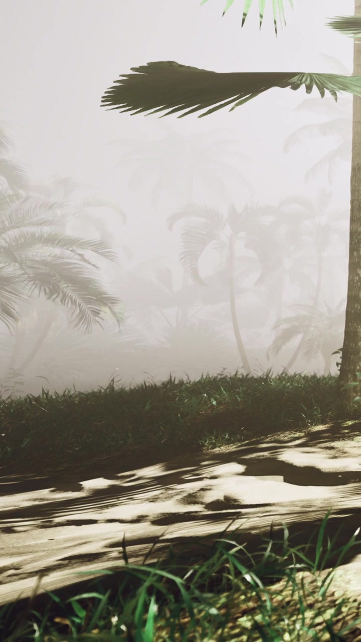 Nebbia che copre palme vicino a terreno sabbioso in una scena all'aperto.