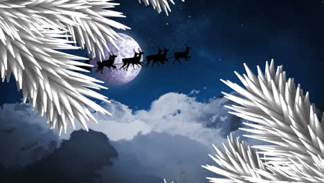 white christmas tree branches over santa claus in sleigh being pulled by reindeers against night sky