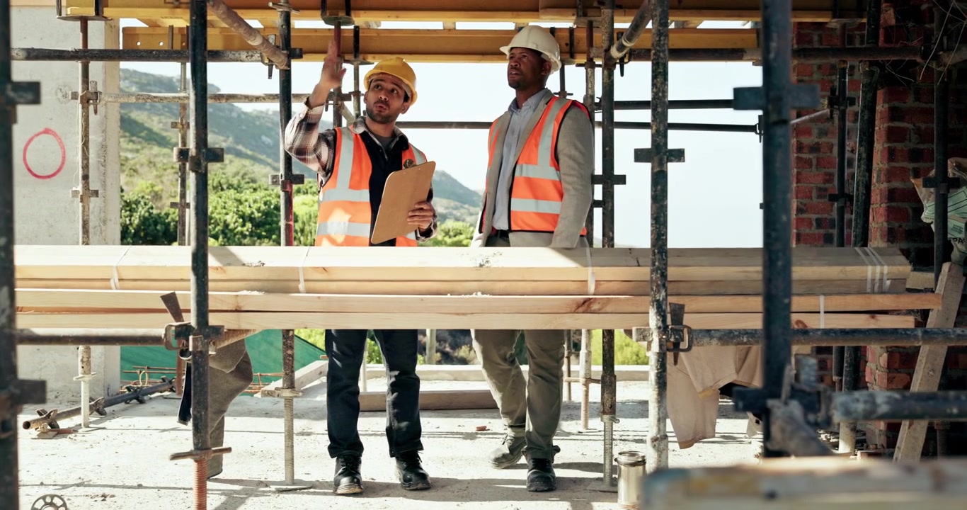 Construction Workers Discussing Project Plans on Building Site