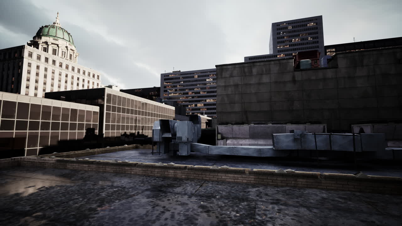 금속 파이프 와 기계 를 가진 도시 의 지붕 풍경