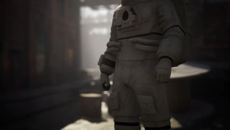 lost astronaut near abandoned industrial buildings of old factory
