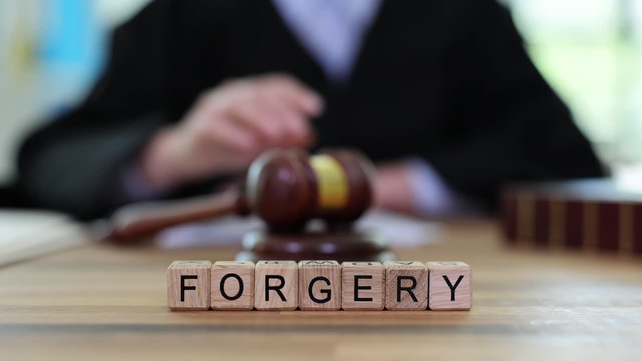 Judge's Gavel and Forgery Blocks in a Courtroom