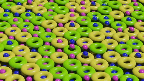 abstract 3d render scene with animated multicolor toruses and balls. seamless loop modern satisfying motion graphic