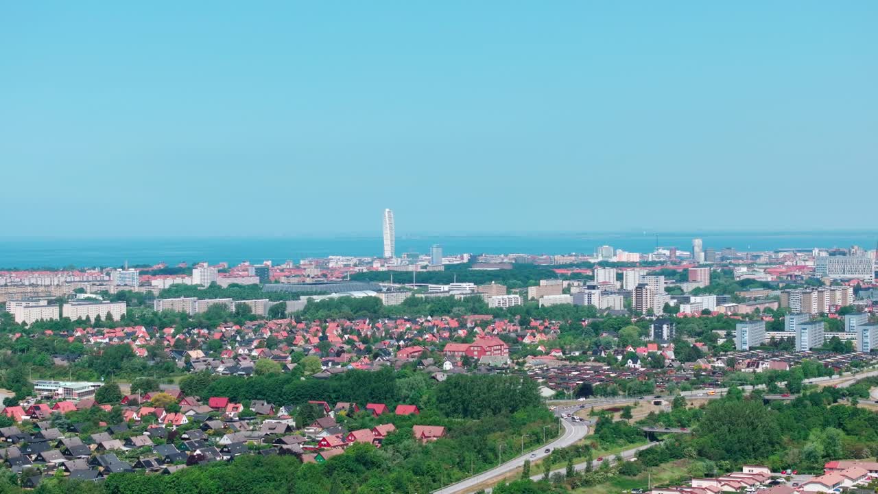 Telephoto aerial of different residential areas in Malm&ouml;, with turning torso