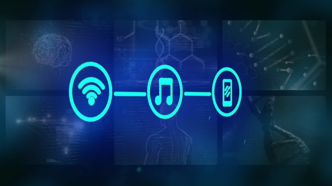 Animation of smartphone, music, Wi-Fi icons over scientific data background