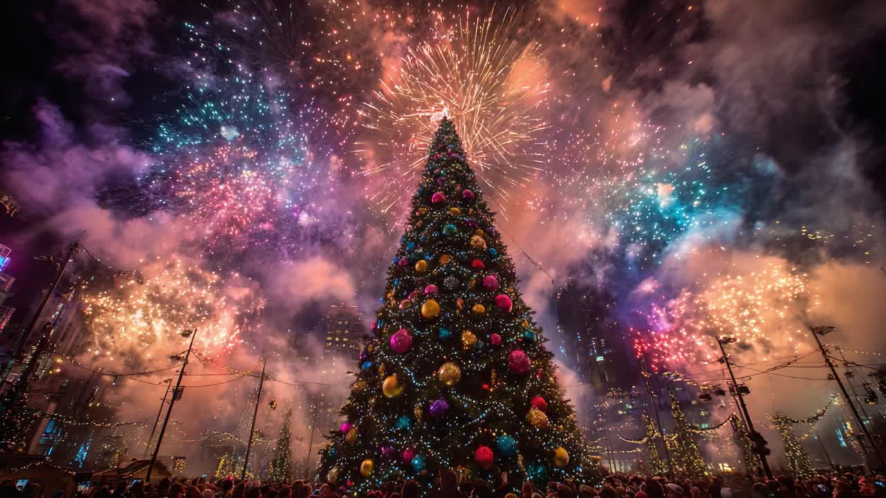 A Grand Celebration of Light and Color: A Spectacular Christmas Tree Illuminated by Brilliant Fireworks, Creating a Magical Atmosphere for the Festive Season