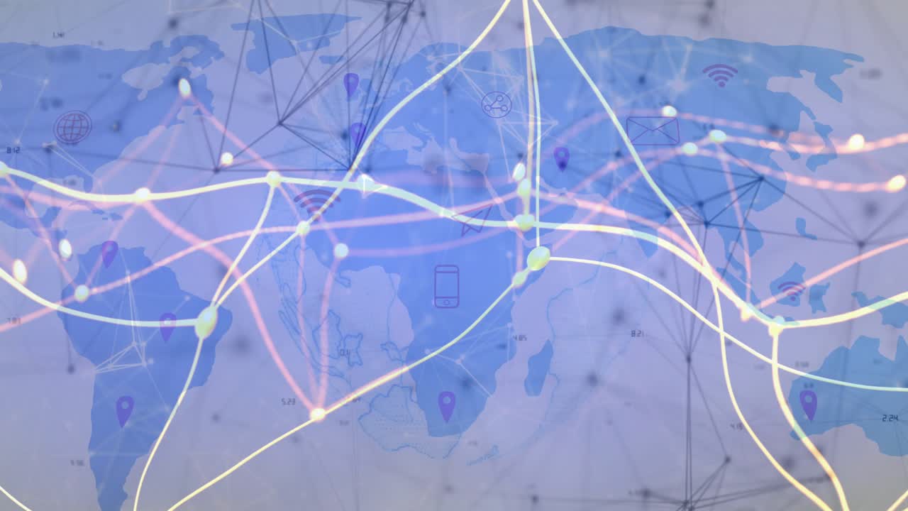 Data lines emerging from map edges sweeping inward intersecting nodes illustrating global network