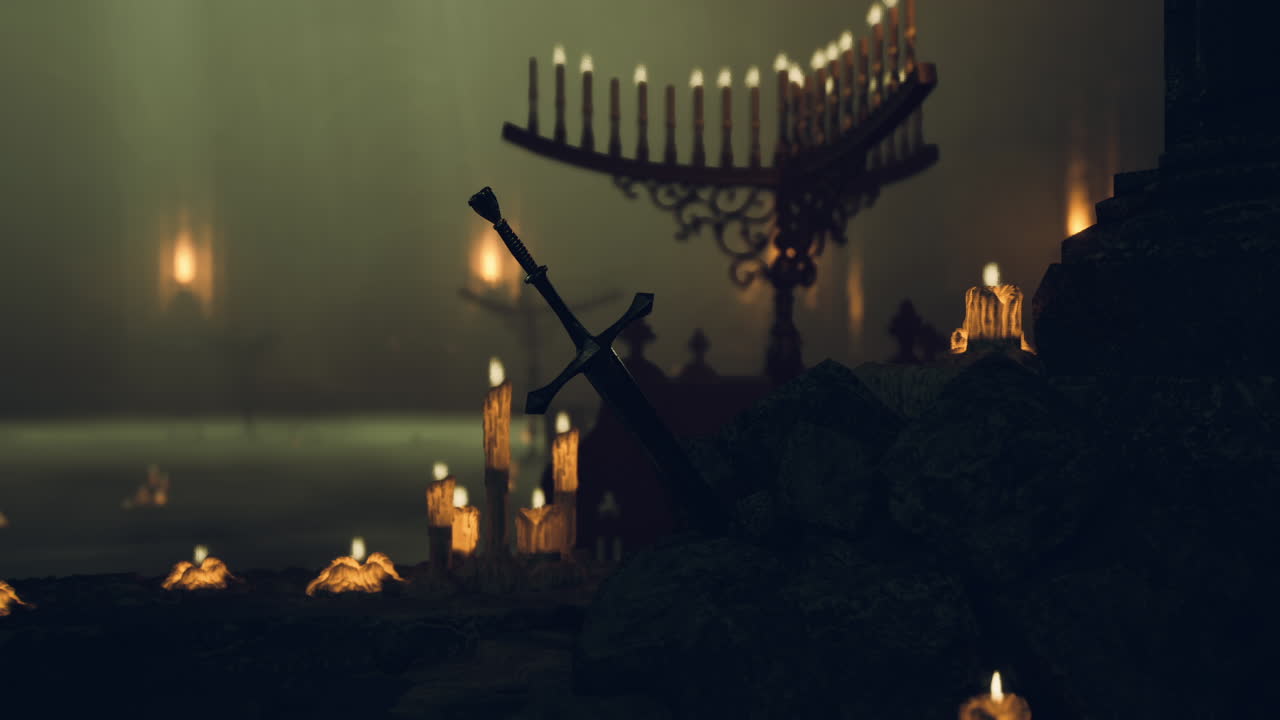 Candlelit ambiance in a mystical setting with a sword and menorah