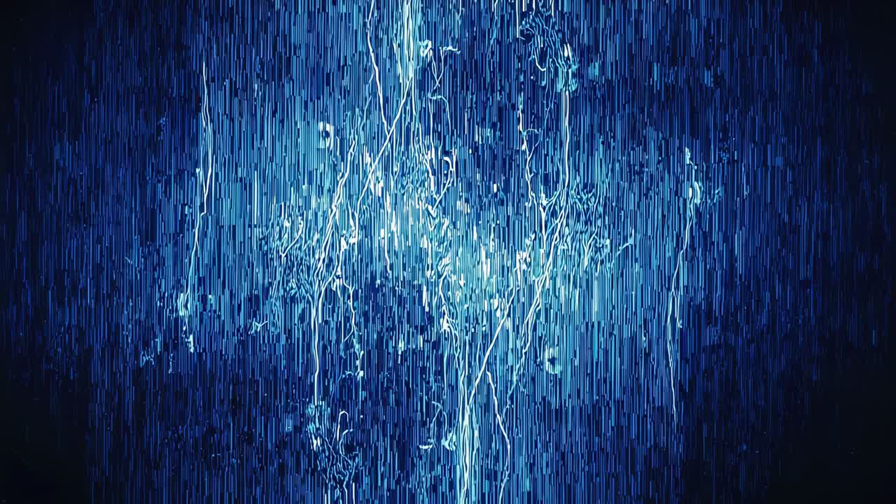 Emerging cyan filaments pulsing and cascading over glitch backdrop, illuminating vertical blue bars