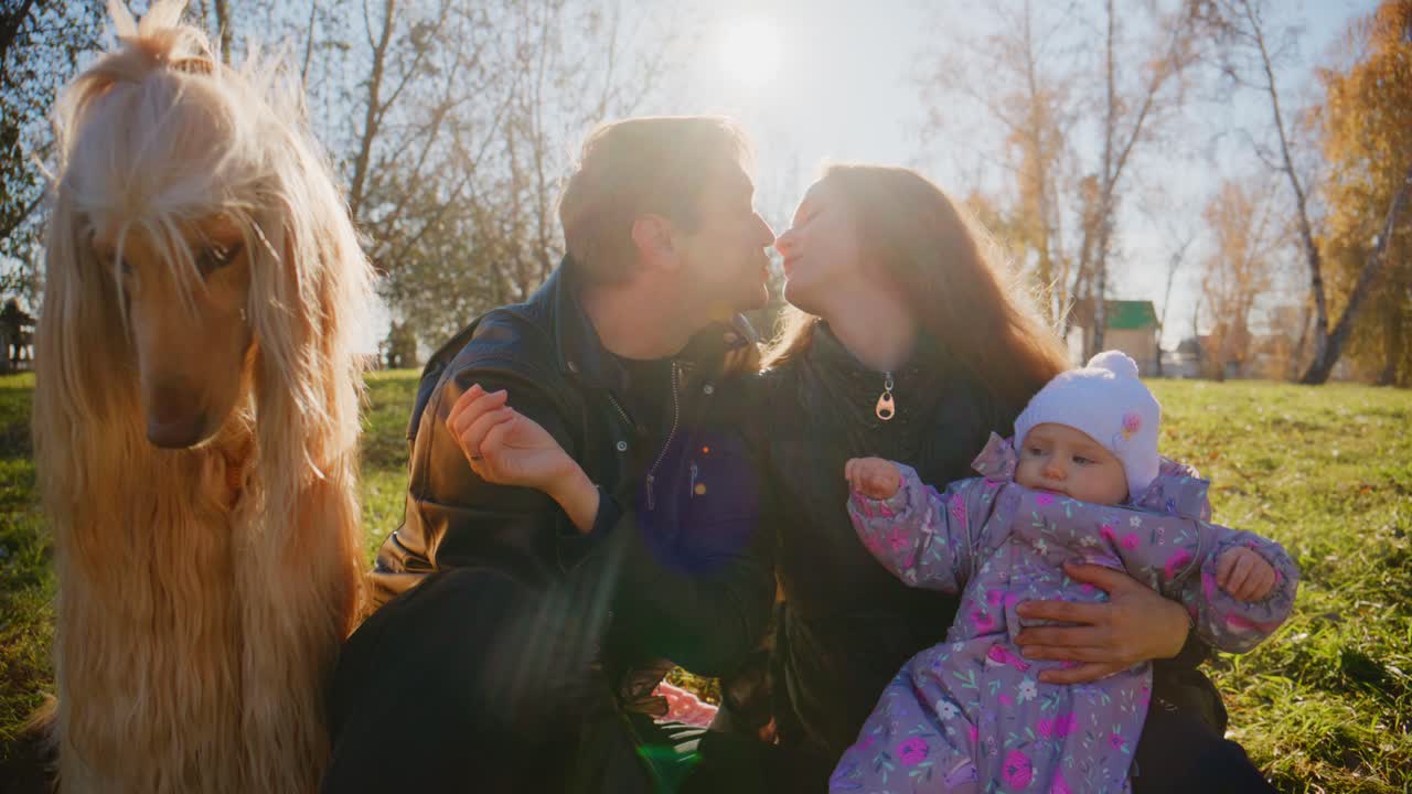Um dia em família no parque: capturando momentos preciosos com um bebê, um casal apaixonado e seu cachorro carinhoso em uma tarde ensolarada