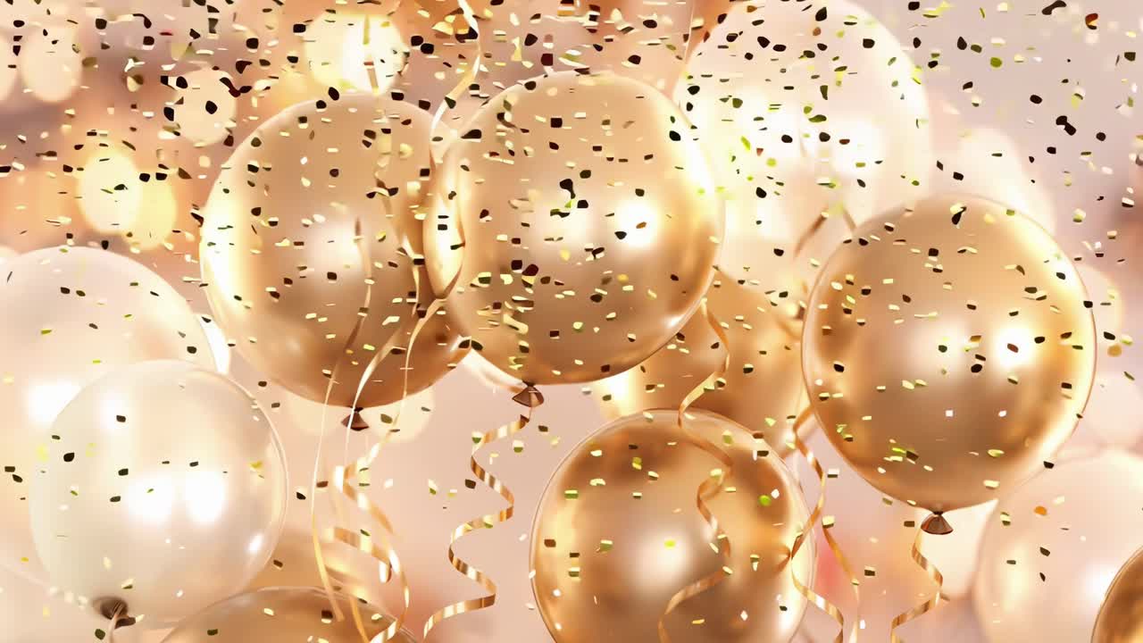 Scena video festiva con palloncini oro e bianchi, ripresa in primo piano