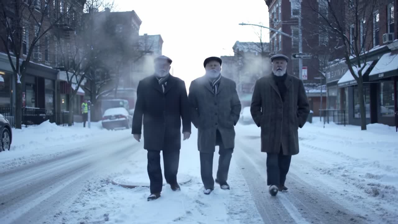 Three men dressed in winter attire walk confidently down a snowy street, exhaling vapor in the cold air, creating a captivating scene of camaraderie and resilience
