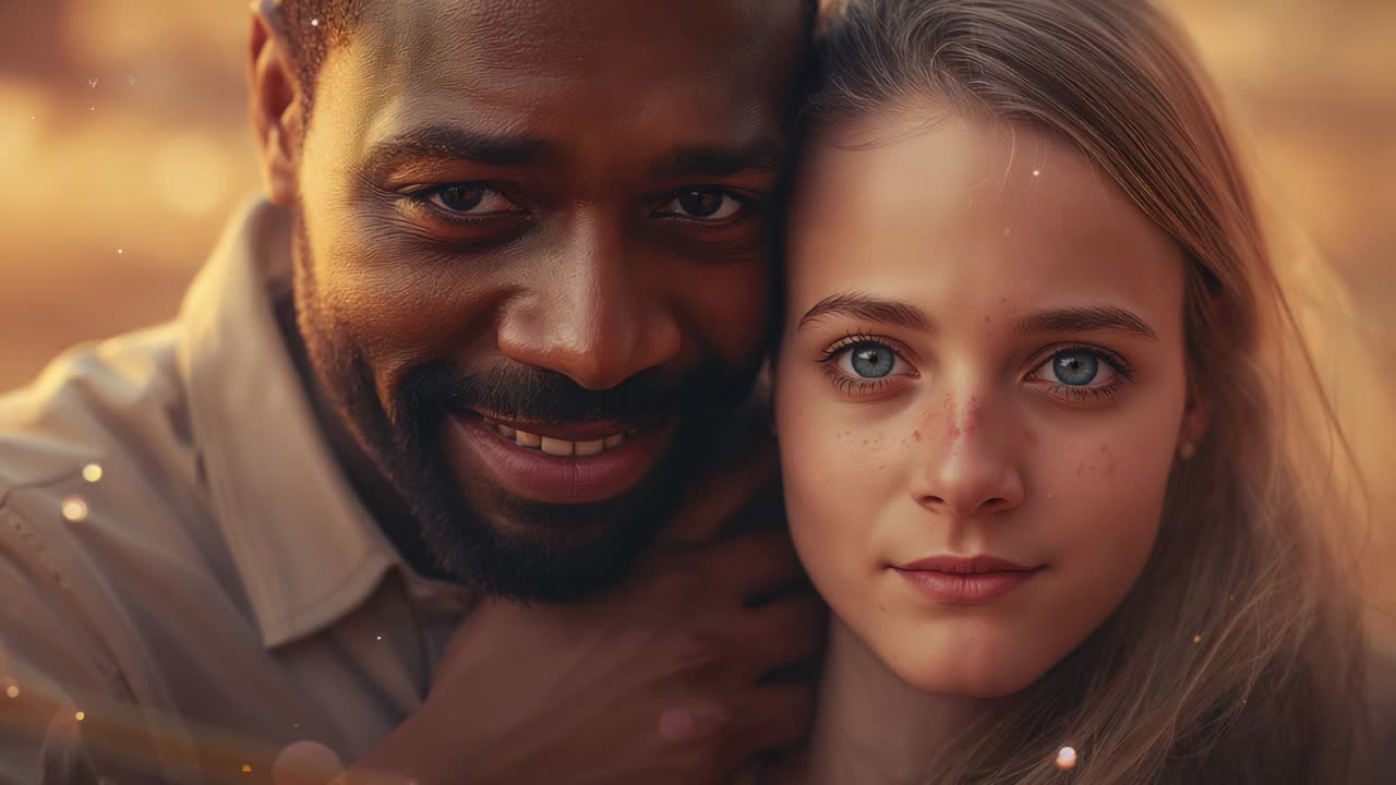 Smiling man in light shirt leaning toward partner at sunset, hand on shoulder showing affection