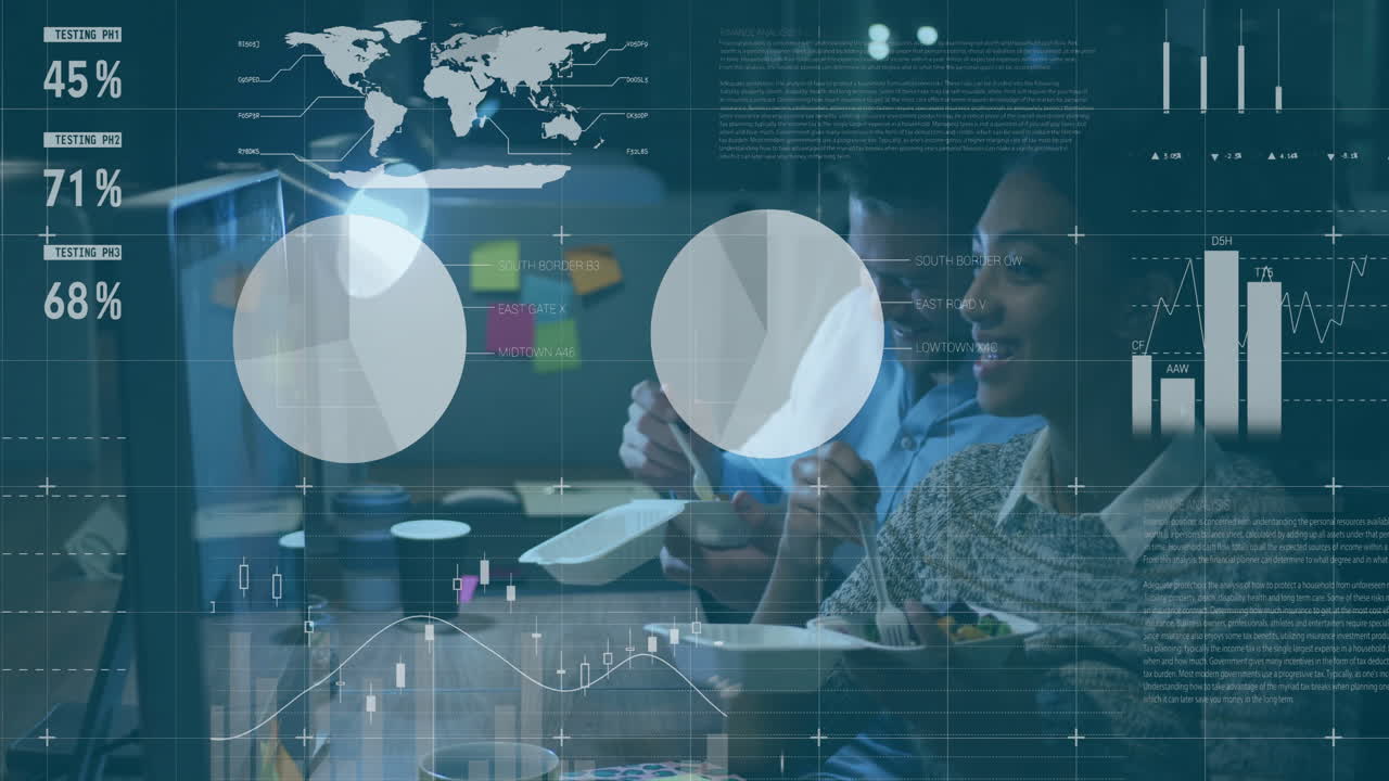 Animation of financial data processing over diverse business people in office
