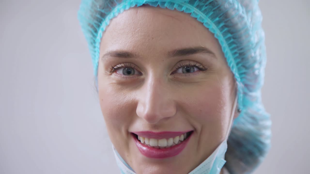 A medical professional wearing a surgical cap and face mask