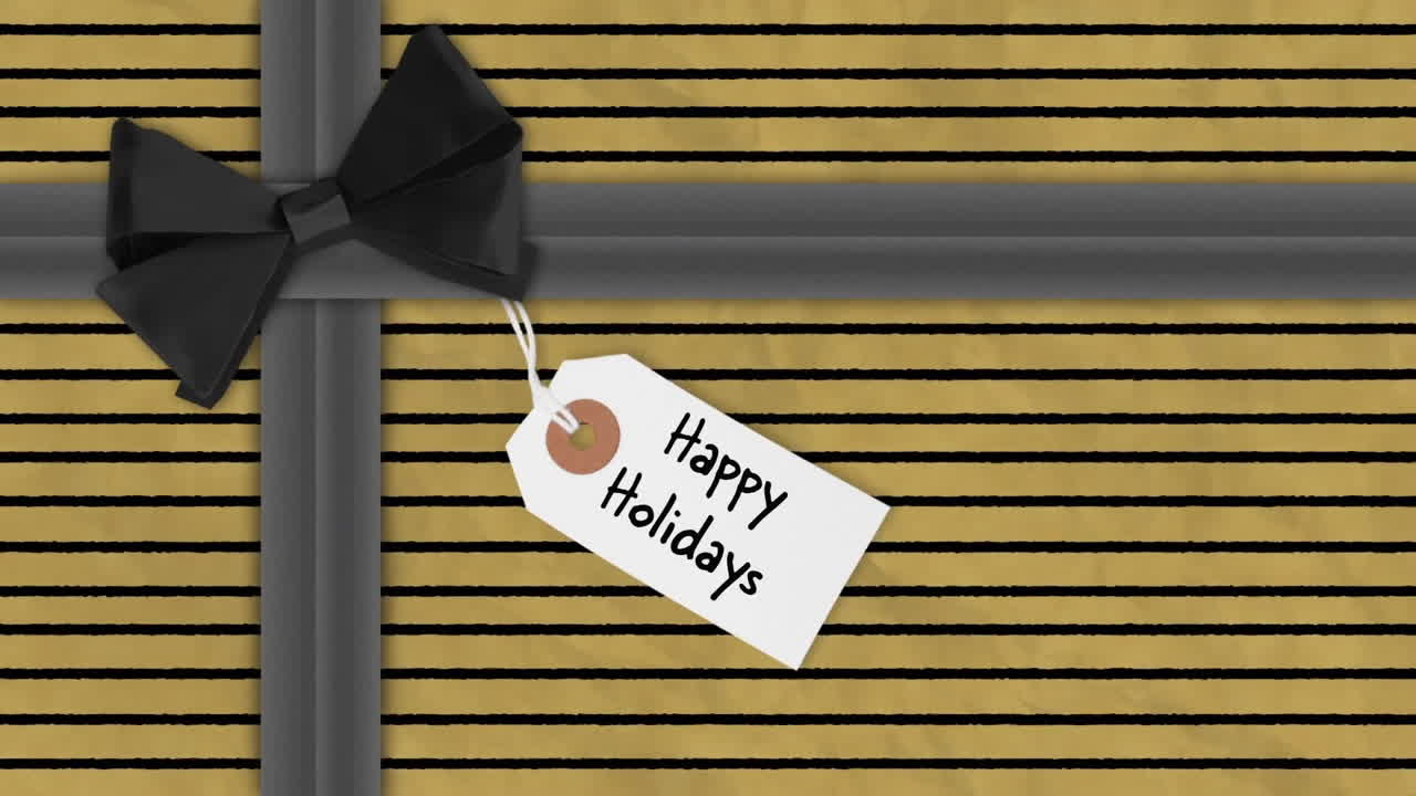 Animation of happy holidays text on tag over christmas present with black ribbon