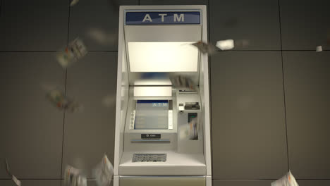 the financial and business concept. the atm machine used to withdraw money. the customer put a plastic card in a reader and enter the pin. money burst out of the slot and falling down to the floor.