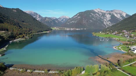 blue mountain lake achensee in tyrol, austria - aerial 4k