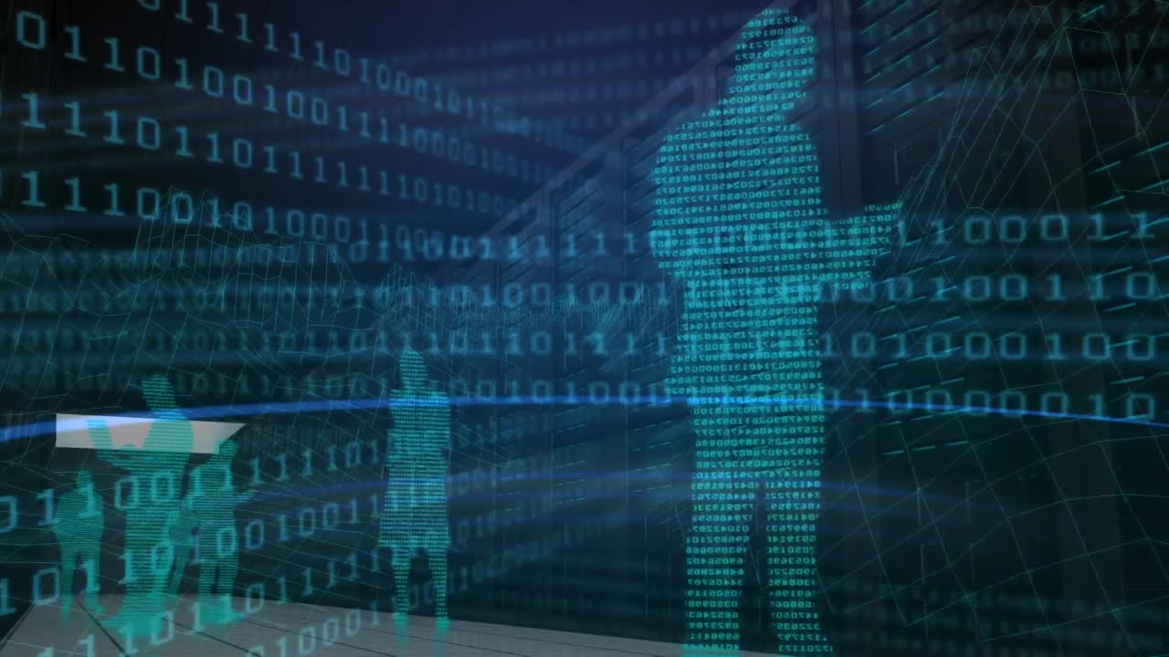 Animation of binary coding and digital people on black background