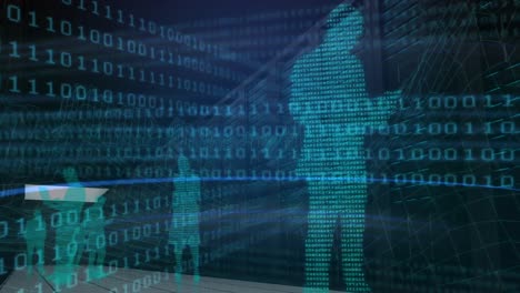 animación de codificación binaria y personas digitales en fondo negro
