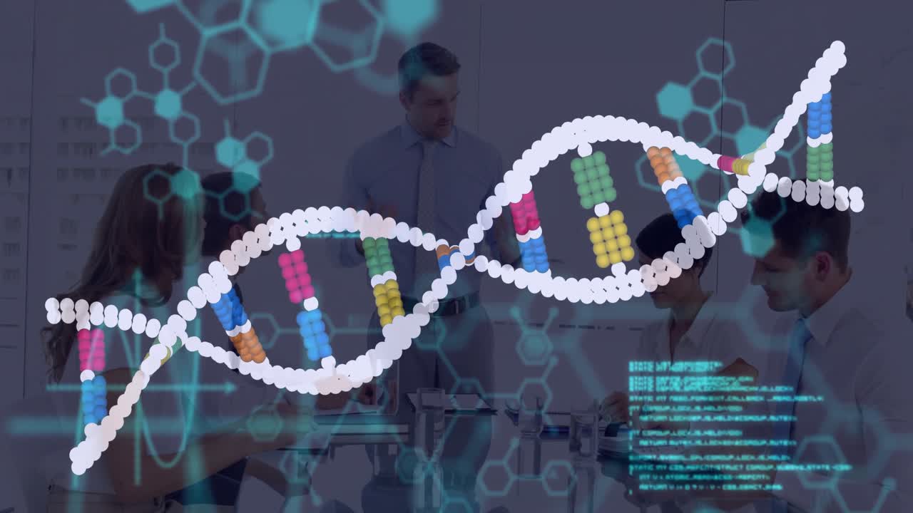 Presenter speaking in meeting starting rotating DNA helix, scrolling code guiding genetic analysis