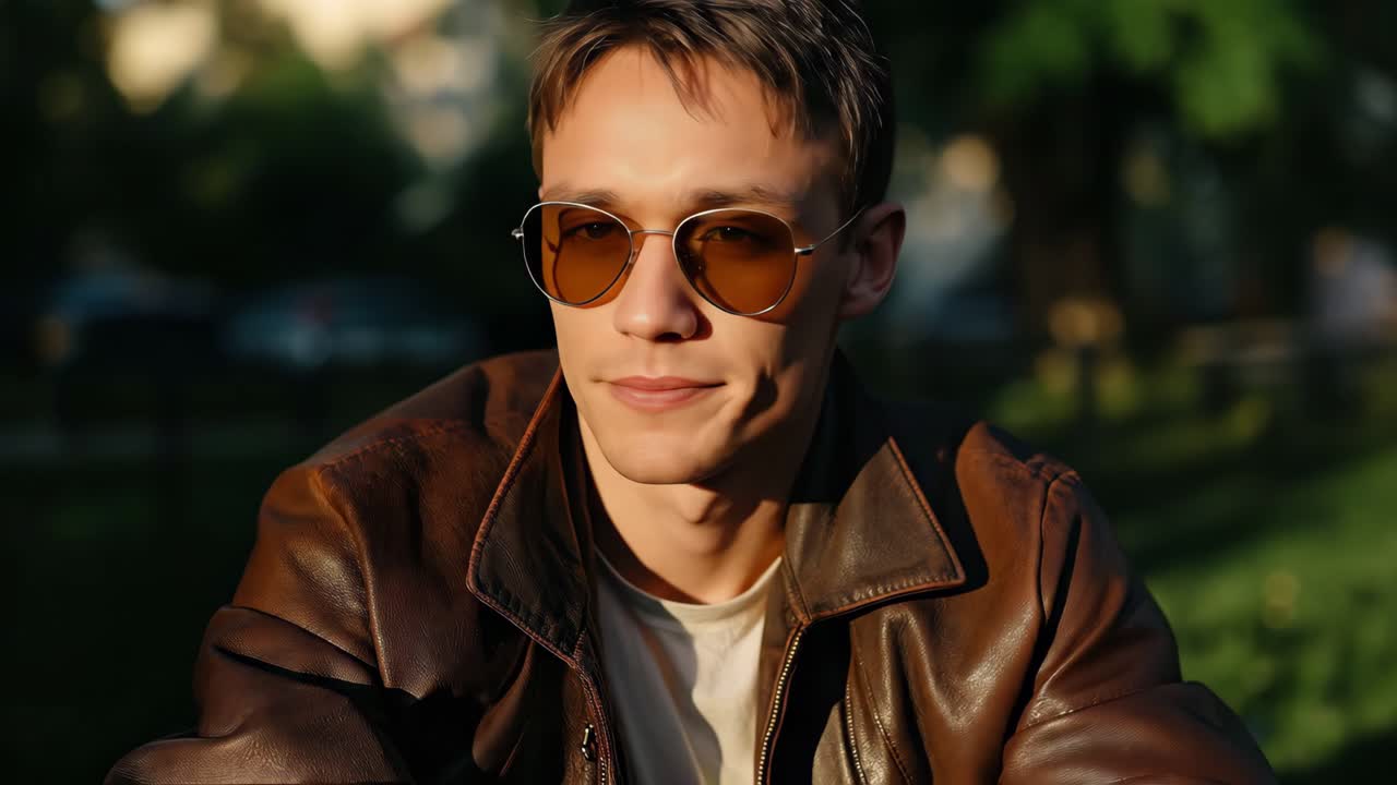 Young man in leather jacket with sunglasses