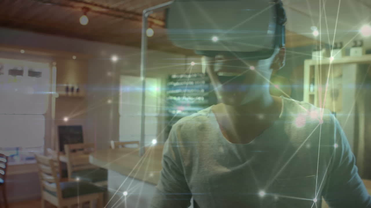 animación de la red de conexiones sobre mujer de negocios con auriculares vr