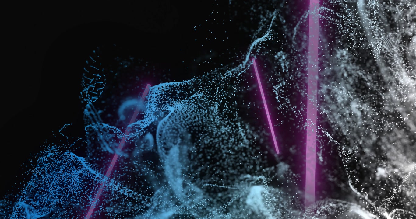 Drifting blue particles flowing, glowing magenta bars emerging, waves surging, cloud dissipating