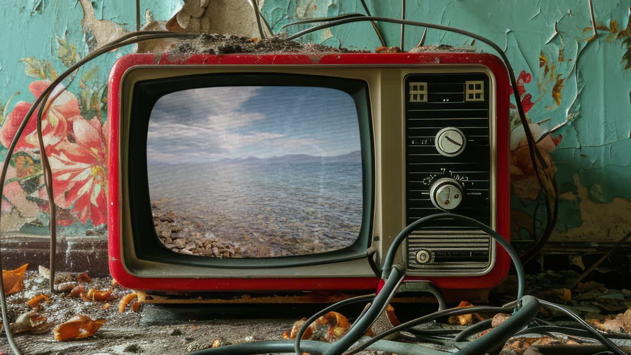 오버레이드 필름 글리치 텍스처를 가진 레트로 텔레비전 세트