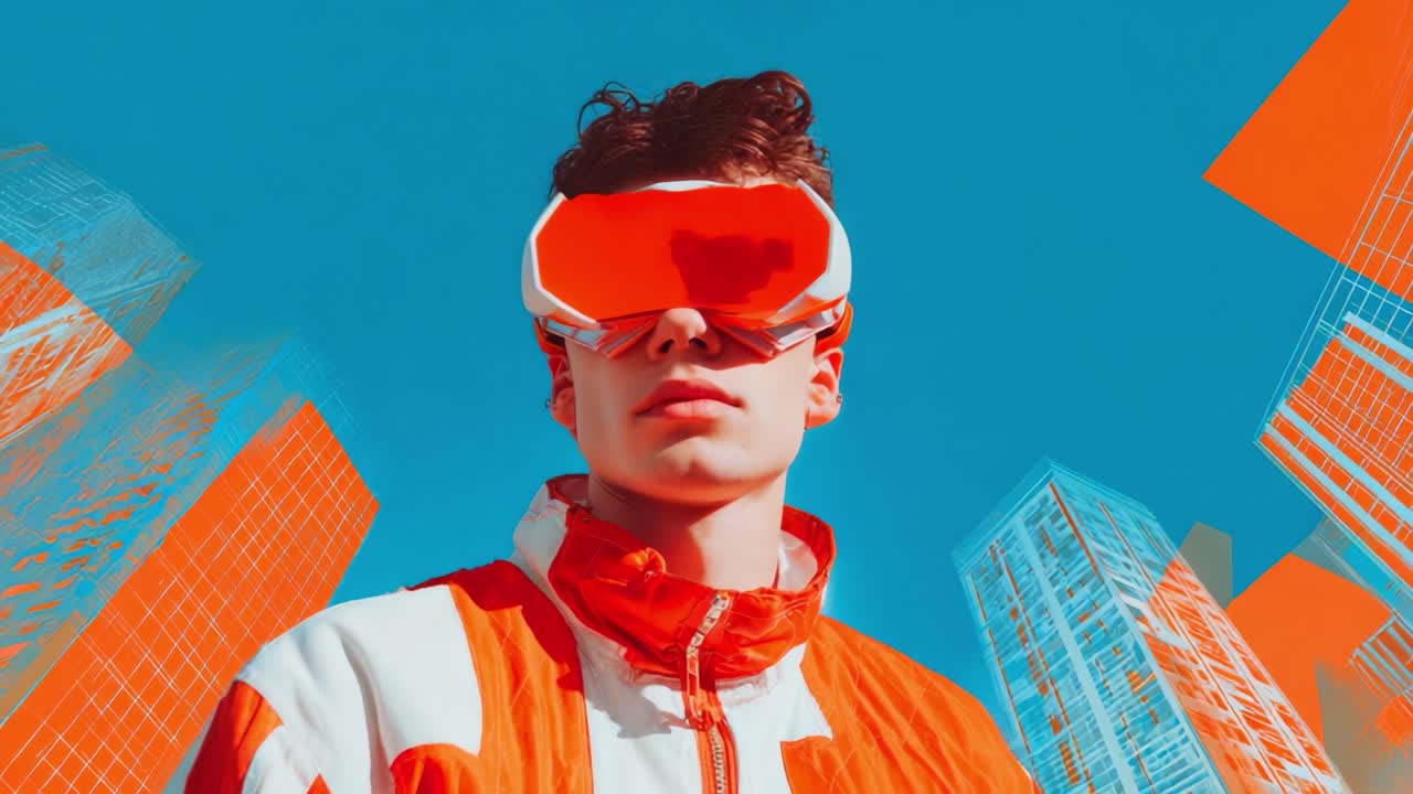 Futuristic Vision: A Young Individual in Orange-Tinted Gear with Innovative VR Goggles Against a Vibrant Urban Background Representing the Intersection of Technology and Fashion