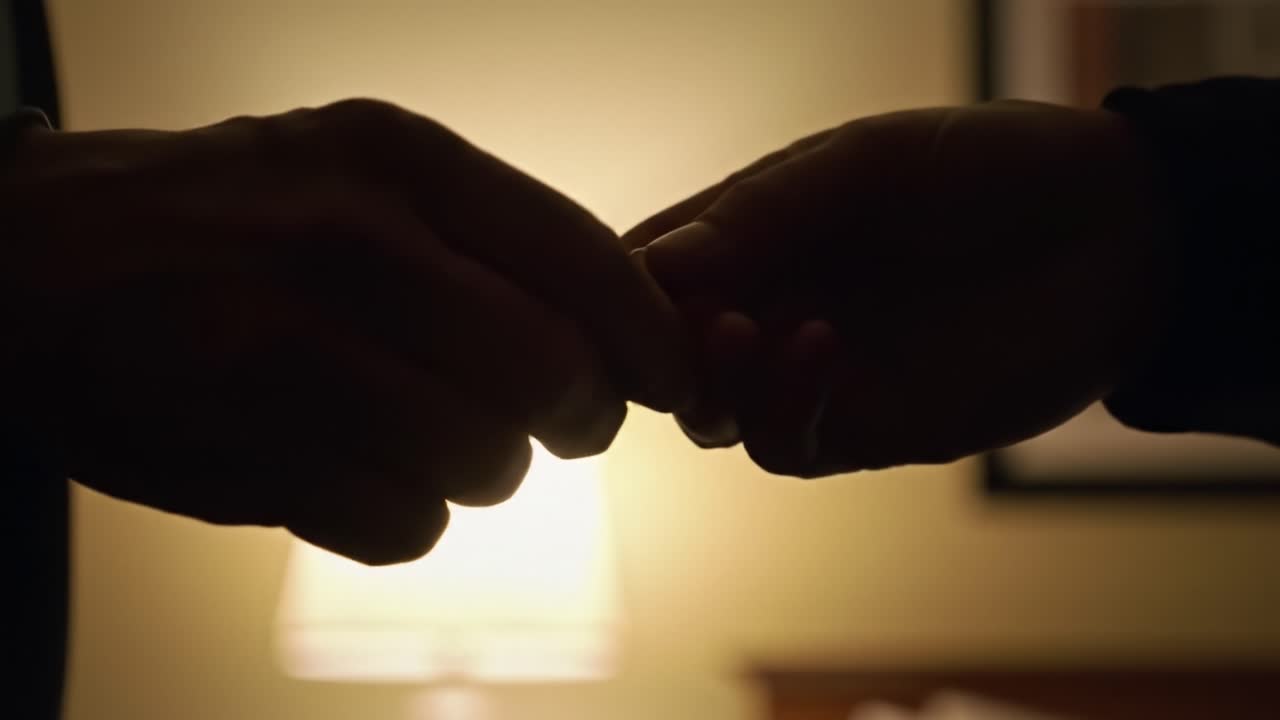 A Mysterious Encounter: The Journey of Secrets Unfolds in a Dimly Lit Room with a Focus on a Hand Holding an Unknown Object