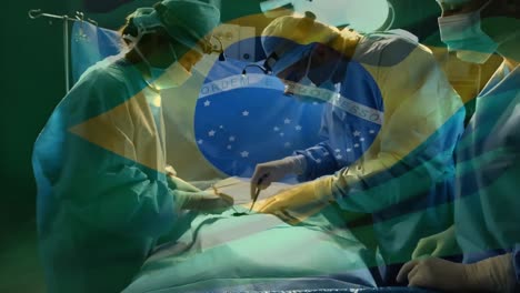 Animation-of-flag-of-brazil-waving-over-surgeons-in-operating-theatre