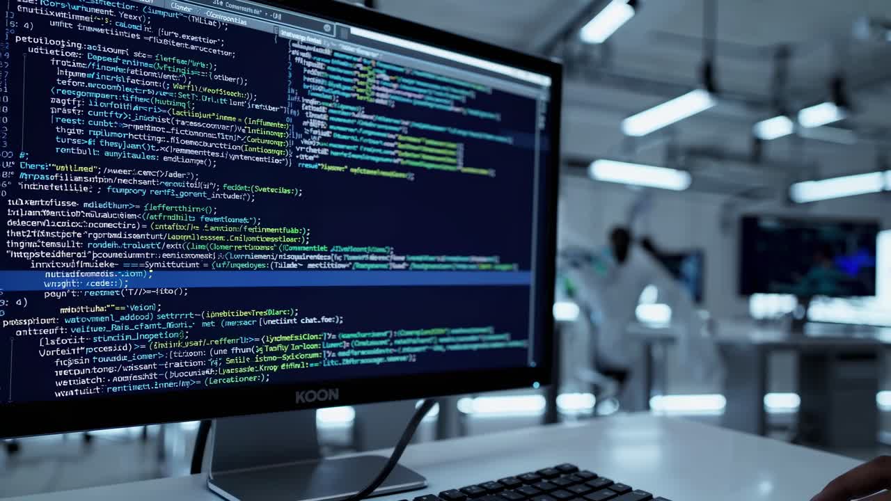 Futuristisk laboratorium med forskere ved datamaskiner, fanget fra en høy vinkel.