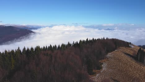 Disparo-De-Un-Dron-De-Pedestal-Que-Revela-El-Mar-De-Nubes-Desde-Detrás-De-Una-Cresta-Montañosa-Cubierta-De-Bosque