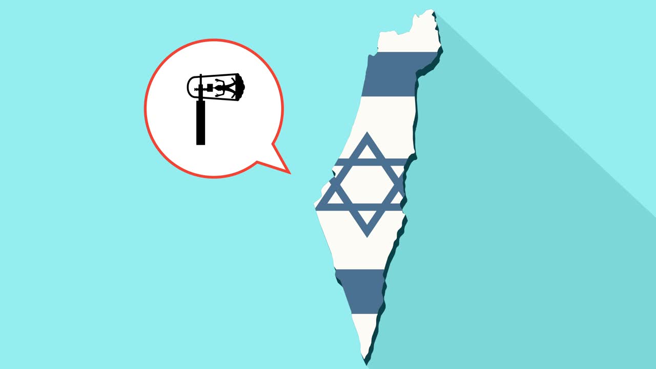 긴 그림자 이스라엘 지도와 그 발과 푸림 그라거를 가진 만화 풍선의 애니메이션